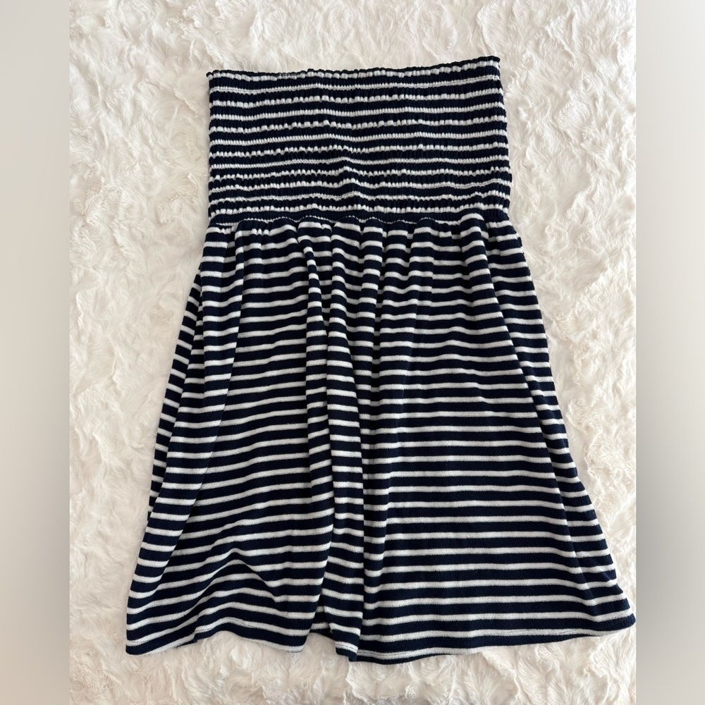 LOFT Navy and White Striped Swim Terry Cover Up Tube Dress Smocked